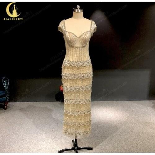 JIALINZEYI Rhine Marchsea Nude Full Luxurious Beads Crystal Sheath Tea Length платье vestidos formales New Evening dress 2021