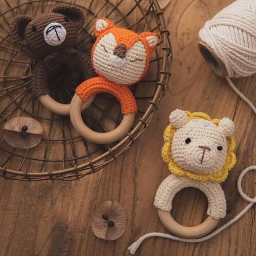 1 Pcs Wood Animal Fox Crochet Teether Toys For Baby 0 12 Months Montessori Wooden Teething Rodent Ring Stroller Educational Toy