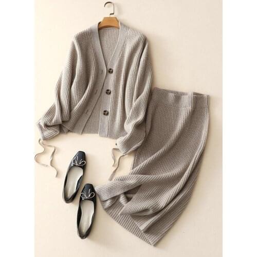 100% Cashmere Sweater Women Cardigan half skirt soft fashion two-piece cashmere suit skirt Spring and autumn