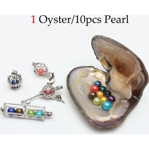 5pcs/lot 6-7mm Freshwater akoya oyster with Ten babies pearl Mixed 27 colors Top quality Circle natural pearl in Vacuum Package