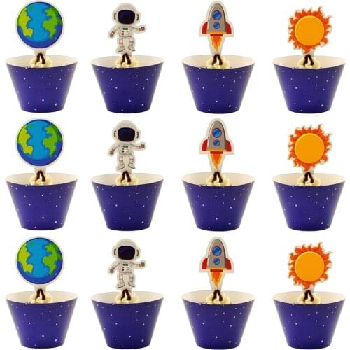 Cake Accessory 24pcs/lot Astronaut Solar Space 12pcs Wrappers +12pcs Toppers for Children Kids Birthday Party Cupcake Decoration