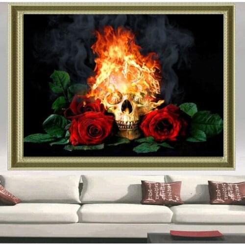 5d diy Diamond embroidery Fire skull & red rose diamond painting Cross Stitch Rhinestone mosaic decor wall painting