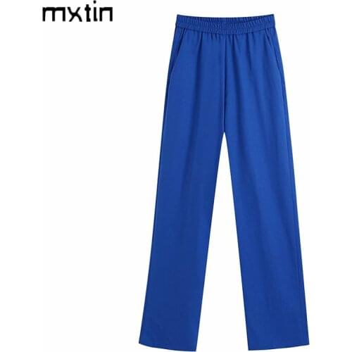 MXTIN 2021 Women Spring Fashion Solid Straight Pants Vintage High Waist Elasticity Fly Side Pockets Office Lady Trousers Mujer