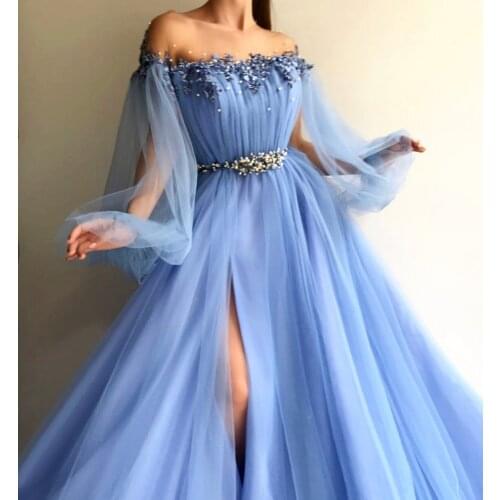 Fairy Sky Blue Prom Dresses For Graduation Appliques Pearl Long Sleeves Elegant Long Evening Party Dresses 2019 Tulle With Slits