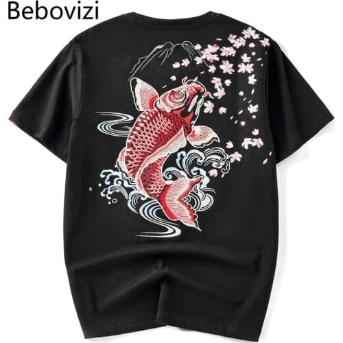 Hip Hop Streetwear Harajuku T Shirt Japanese Carp Embroidery Tshirt 2021 Men Summer Short Sleeve T-Shirt Cotton Tops Tees Fish