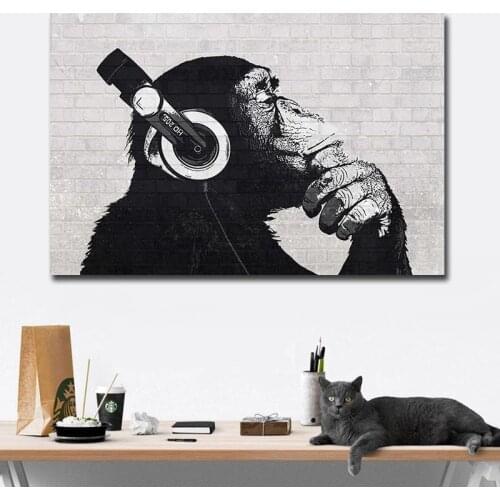Music DJ Monkey Oil Paintings on Canvas Black and White Wall Art Decorative Pictures for Modern Living Room Home Decor