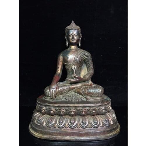 12"Chinese temple collection Old Bronze Cinnabar Lacquer Shakyamuni Buddha Statue King Kong Buddha Sitting Buddha Tibetan Buddha