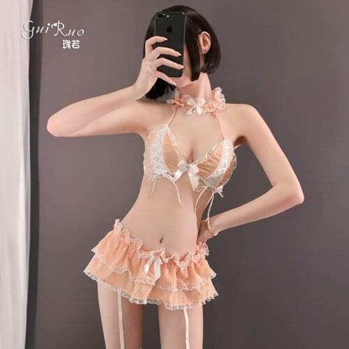 Anime Maid Outfit Lace Erotic Lingerie For Woman School Girl Sailor Cosplay Halloween Costumes Cute Plaid Role Play Uniform