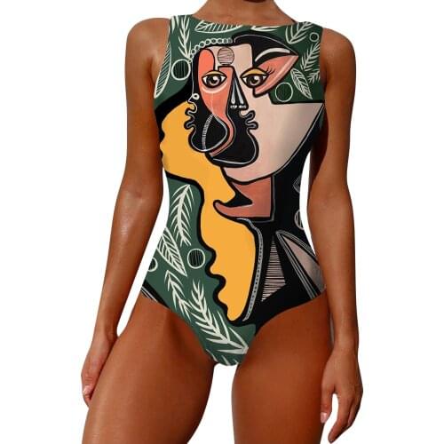 Swimwear Women Bathing Suit Sexy Swimsuit Graffiti Abstract Print Wide Strap High Neck Backless One Piece Suit Bodysuit Monokini