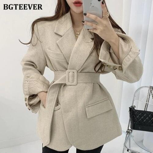BGTEEVER Fashion Autumn Winter Woolen Suit Jackets for Women Elegant Thicken Warm Loose Belted Single-breasted Blazer Femme 2020