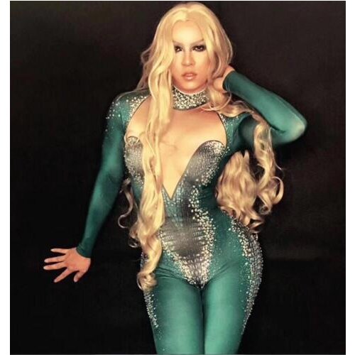 Fashion Sexy Summer Green Rhinestones Jumpsuit Women Bar Performance Dance Wear Female Singer Rhinestone Bodysuit