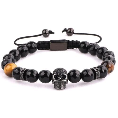 High quality natural stone faceted black onyx brown tiger eye and CZ skull beaded bracelet for men