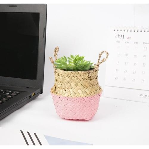 Office Desktop Seagrass Fleshy Plant Flower Basket Pot Pen Box Stationery Storage Bucket Desk Woven Wicker Garden Pot