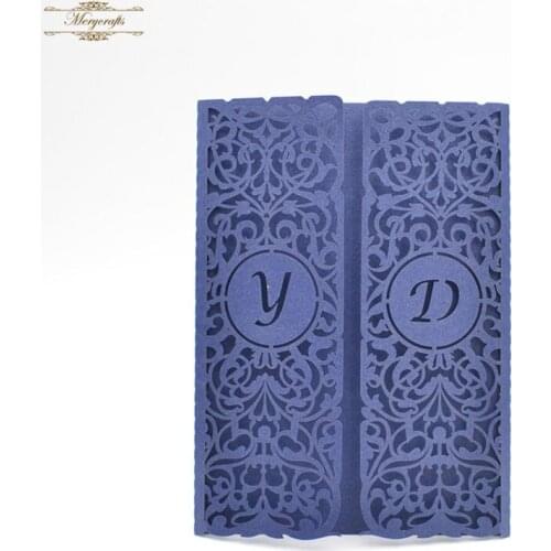 Personalise Initials laser cut navy blue invitations cards for wedding
