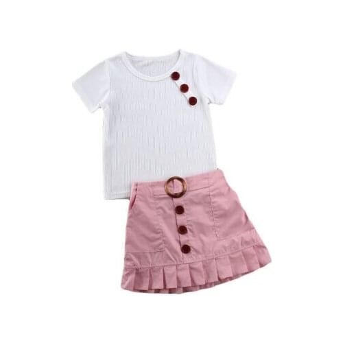 Baby Girls Clothes Sets White Short Sleeve T Shirts Tops+Pink PU Leather Tassel Skirts 2pcs