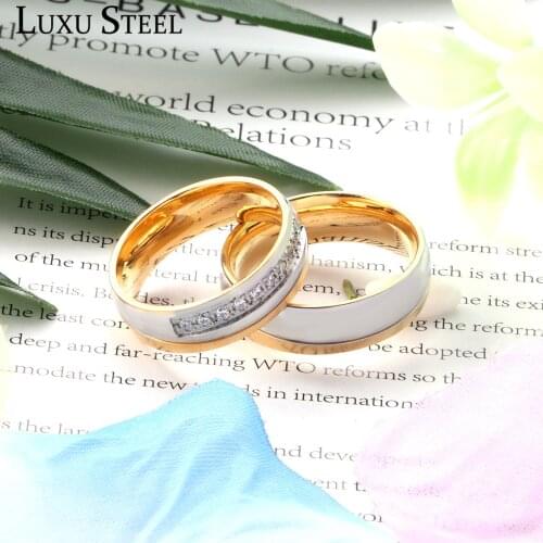 LUXUSTEEL cubic zirconia ring Couple Jewelry Gold Color anillo Stainless Steel Engagement Rings Women Men Finger Accessories