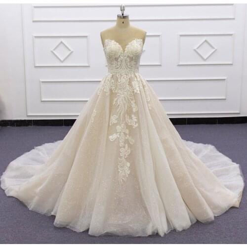 Molanda 2021 Wedding Dress Sweetheart Neckline Ball Gown Lace Up Back With Buttons Appliques Glitter Sleeves Floor Length B117