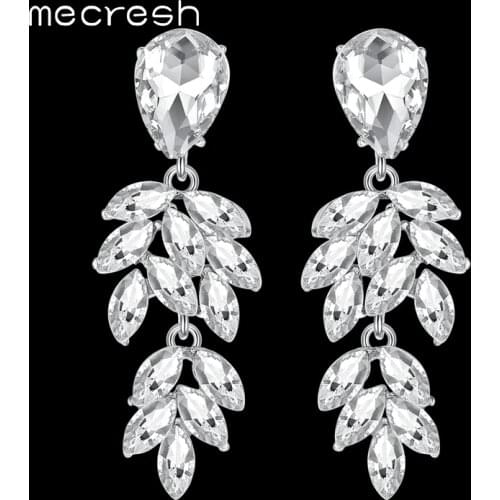 Mecresh Sparkling Crystal Bride Drop Earrings for Girls Silver Color Rhinestone Cute Leaf Wedding Dangle Earrings 2018 MEH1088