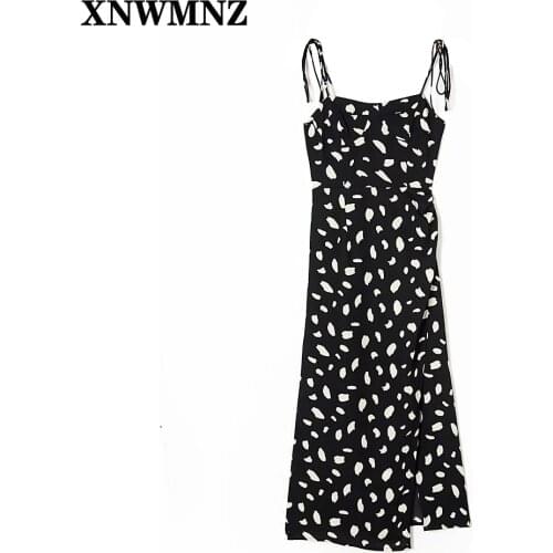 XNWMNZ Spaghetti Strap Dress Women Backless V Neck Summer Off Shoulder Black Leopard Print Split Midi Beach Sexy Party Dresses