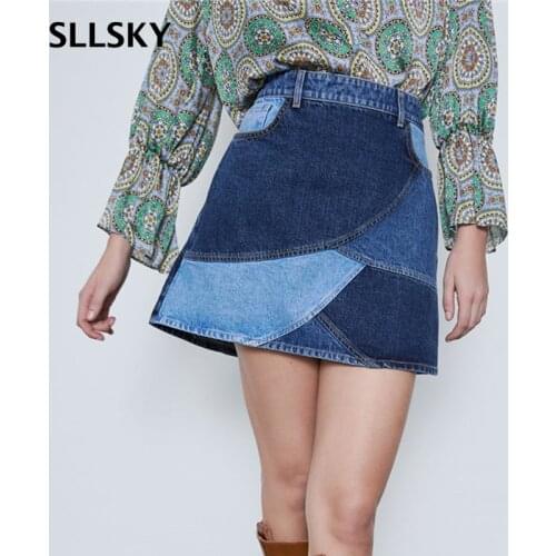 SLLSKY Summer Fashion Patchwork Denim Skirts Women High Waist Side Zipper Mini Jean Skirt Harajuku Denim Female A-Line Skirts