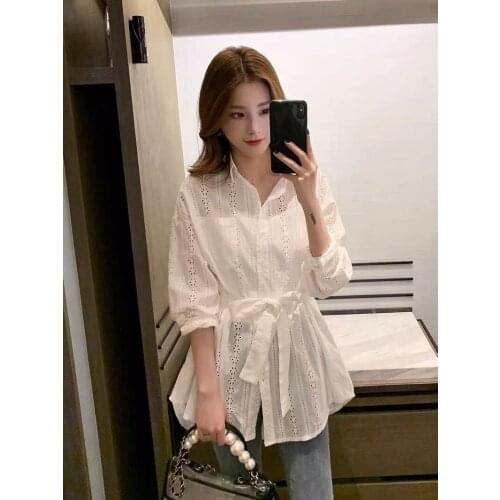 Women Lace long Sleeve blouse shirt Hollow Out Mesh shirt tie up slimTops Back up Shirt korean fashion clothing Turn-down Collar