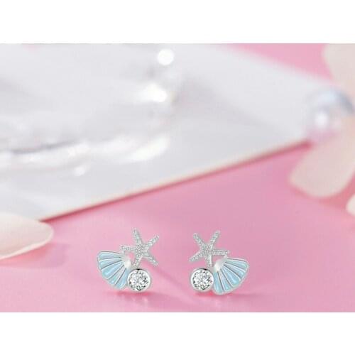 Cute Female Starfish Shell Stud Earrings 100% Real Sterling Silver Earrings Charm Crystal Small Wedding Earrings For Women