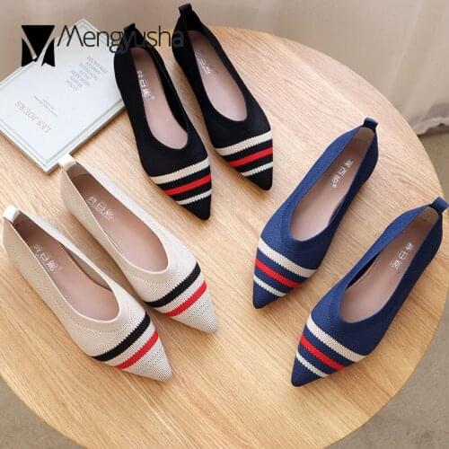Woman Breathable knitting flats mixed color stripes moccasins shallow loafers pointed toe stretch fabric sneakers women shoes