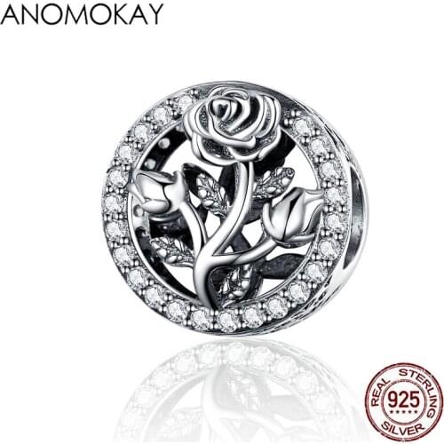 100% 925 Sterling Silver Retro Rose Flower Round Charm fit Bracelet Bangle White CZ Silver Flower Bead for Women Fashion Jewelry