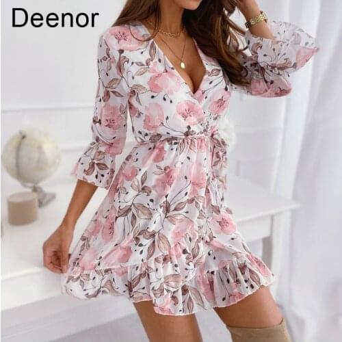 Deenor Women Spring Flower Print Dress V Neck Casual Three Quarter Sleeve Ruffles Split Dress Female Elegant Aline Party Dress