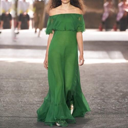 Bohemian Green Chiffon Pleated Long Beach Dresses for Women 2021 Summer Elegant Ruffles Off Shoulder Maxi Dress Female Robe