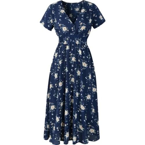 Elegant Vintage Long Maxi Dress Womens Ladies Casual High Waist Elastic V-Neck Dress Casual Slim Holiday Beach Vestidos