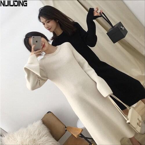 NIJIUDING Winter France Style Vintage Sweater Dress Womens Solid High Waist Long Sleeve A-Line Mid-Calf Knitted Dresses Female