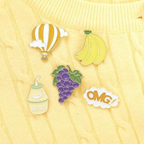 Outing Hot Air Balloon Enamel Pin Custom Grape Banana Milkshake Balloon Brooch Bag Clothes Lapel Pin Badge Cartoon Jewelry Gifts