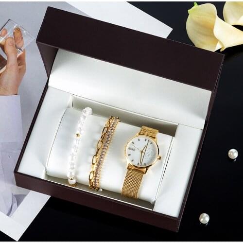 Fashion Womens Watch Bracelets Set Simple Mesh Strap Quartz Watch Steel and Pearl Bracelet With Gift Box For Girls Ladiess
