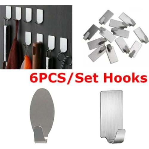 6Pcs Hooks Self Adhesive Home Kitchen Wall Door Stainless Steel Holder Hook Hanger Hooks For Hanging