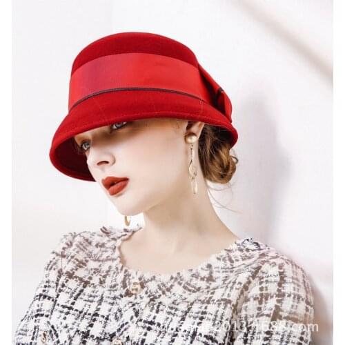 Noble Elegant Girls Fashion Cap Ladies Bucket Hat Women Wool Fedora Cap Bow Tie Flat Top Bonnet Wool Dome Flower Hats B-8878