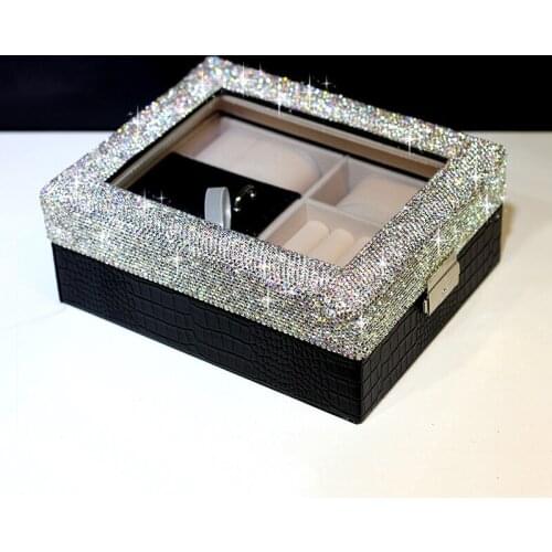 Fashion Shiny Hand-set Diamond Cosmetic Case Large Capacity Crystal Open Window Jewelry Portable Watch Organize Storage Box