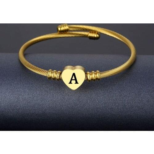 Fashion Stainless Steel Gold Color Bracelet Bangles for Women Girls Heart Engraved Initial Alphabet Adjustable Bracelet Jewelry