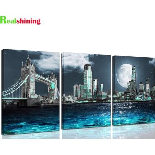 Diamond Painting Teal Moon Tree 3 pcs Full Diamond Embroidery Bridge Building Night Landscape Cross Stitch Mosaic Triptych N2318