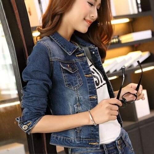 New 2018 Spring Autumn Women Short Jeans Coat Long Sleeve Turn Down Collar Vintage Denim Jacket Casual Outwear X3