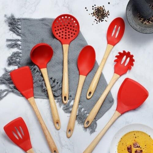 New Kitchen Utensil Set High Quality Silicone Cooking Tools Set Household Wooden Handle Turner Cooking Various Kitchenware Set