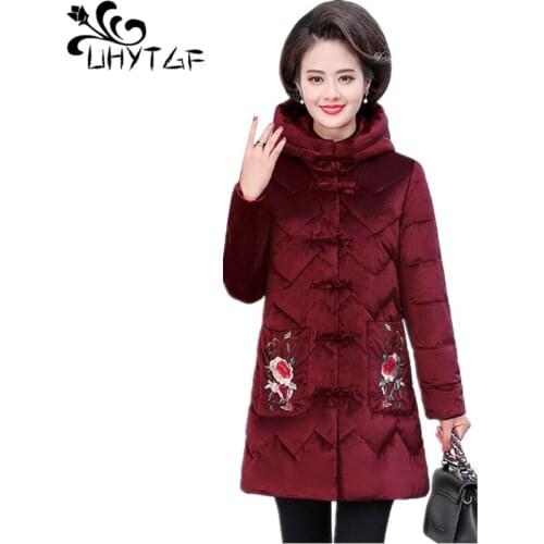 UHYTGF Womens winter jacket Hooded thick warm Parker women Fashion embroidered loose 5XL plus size cotton coat parkas mujer 531