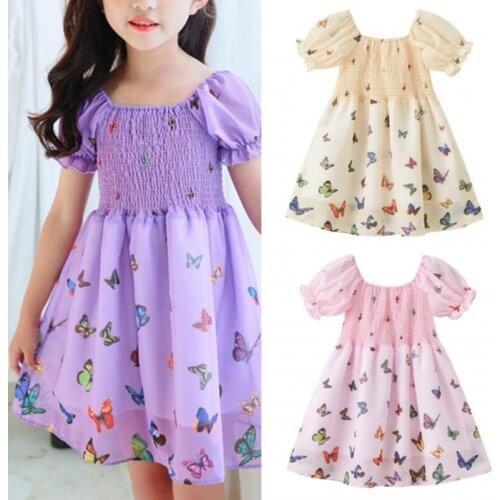 Girls Dress Butterfly Printed Dress Summer Kids Girl Puff Sleeves High Waist Patchwork Fashion Princess Dress