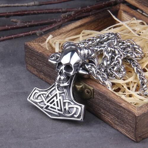 Dropshipping soldier stainless steel viking rune mix skull head pendant necklace punk heavy titaniums steel jewelry for men