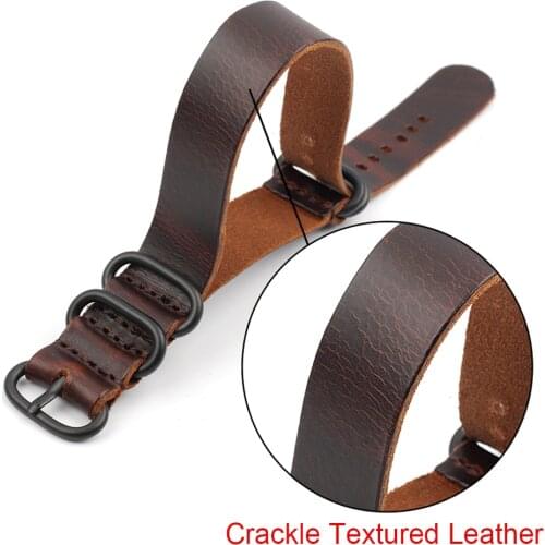 Onthelevel New Crackle Textured Leather Watchband Zulu Nato Band 18mm 20mm 22mm Watch Strap Black Buckle Long Wristband #D