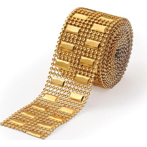 5 Yards Rhinestone Crystal Ribbons 8 Rows Plastic Diamond Mesh Wrap Roll Golden Color Wedding Clothing DIY Decorations