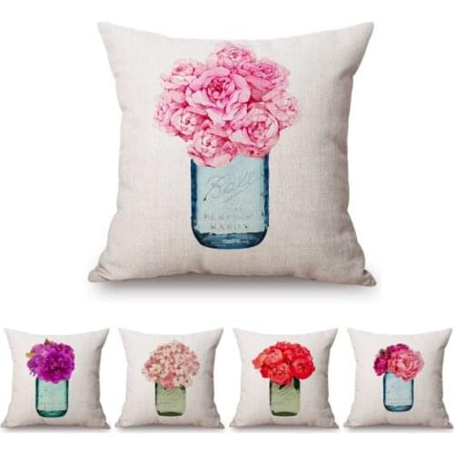 Nordic Flower Bouquet Glass Jar Vase Floral Home Decorative Sofa Throw Pillow Case Cotton Linen Watercolor Flowers Cushion Cover