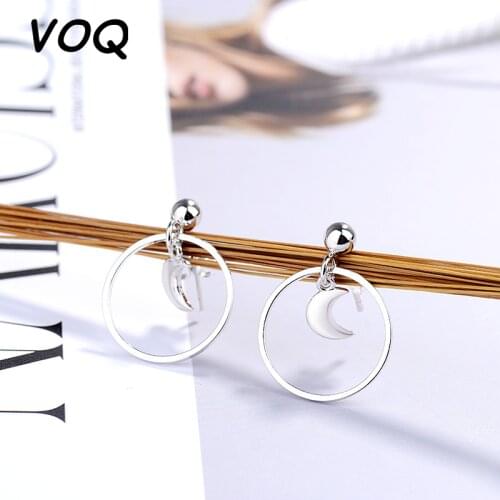 VOQ 925 Sterling Silver Delicate Round Circle Moon Dangle Earring Simple Ear Jewelry for Women Party Gifts