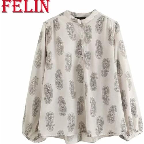 Za 2021 Women Chic Geometric Print Oversized Long Shirts Long Puff Sleeve O Neck Elegant Blouses Stylish Mujer Tops