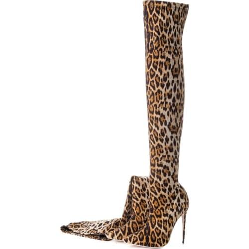 Winter Autumn Woman Sexy Over The Knee Boots Thin High Heels Female Pointed Toe Leopard Print Stretch Long Boots